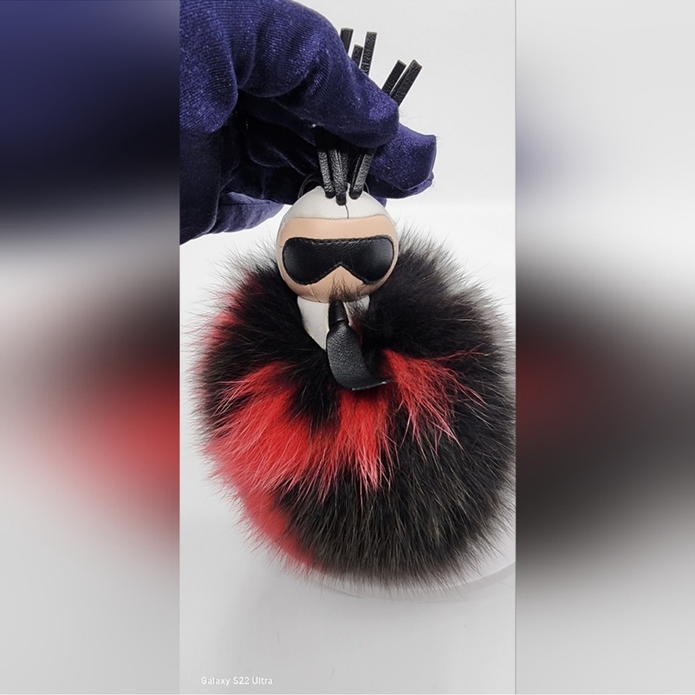 Karl Lagerfeld Red and Black Fur Keychain - Picture 1 of 4